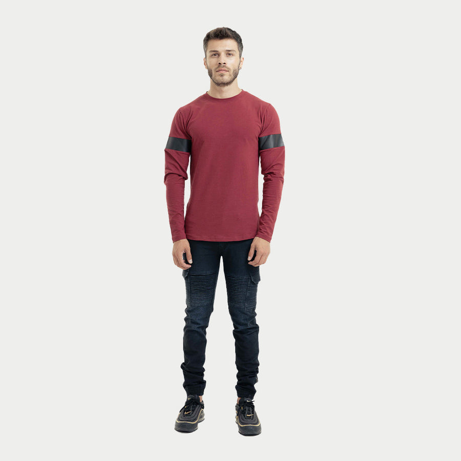 Crew Neck Top with Leather Sleeve Detailing-Burgundy