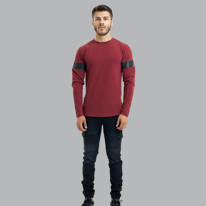 Crew Neck Top with Leather Sleeve Detailing