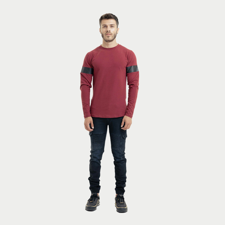 Crew Neck Top with Leather Sleeve Detailing-Burgundy | BLK Vogue