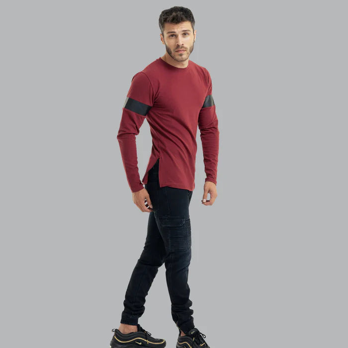 Crew Neck Top with Leather Sleeve Detailing