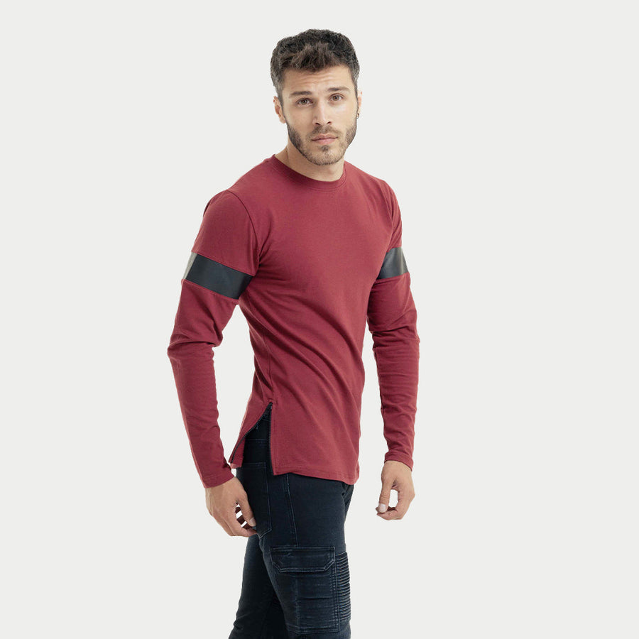 Crew Neck Top with Leather Sleeve Detailing-Burgundy