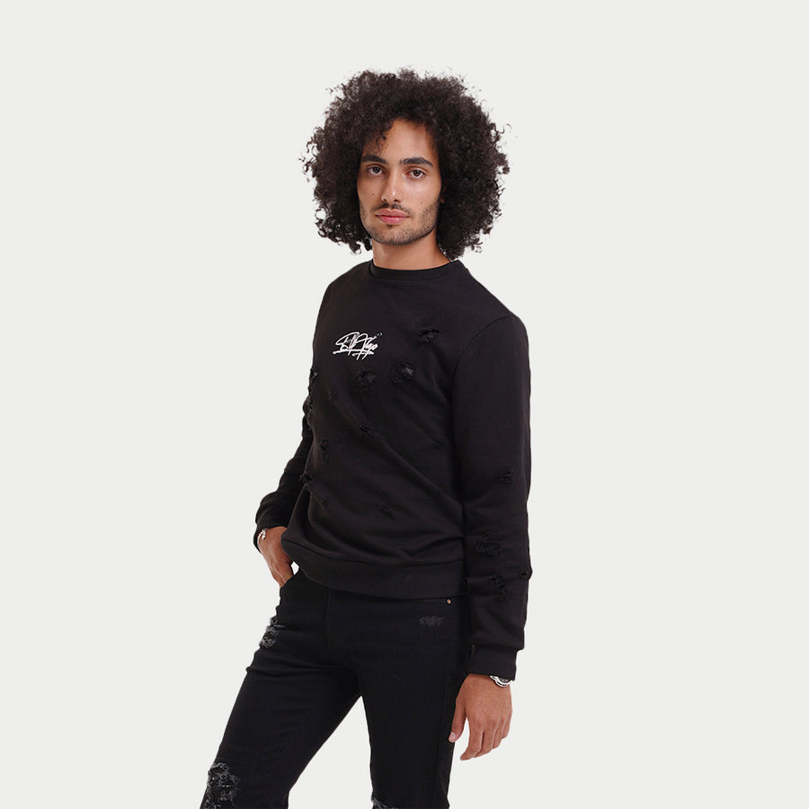 Signature Distressed Reversible Sweatshirt-Black | BLK Vogue