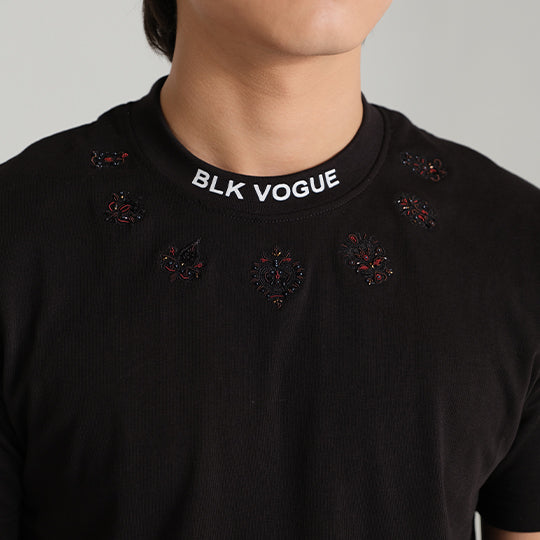 Black Embroidered Crew Neck Tee | BLK Vogue