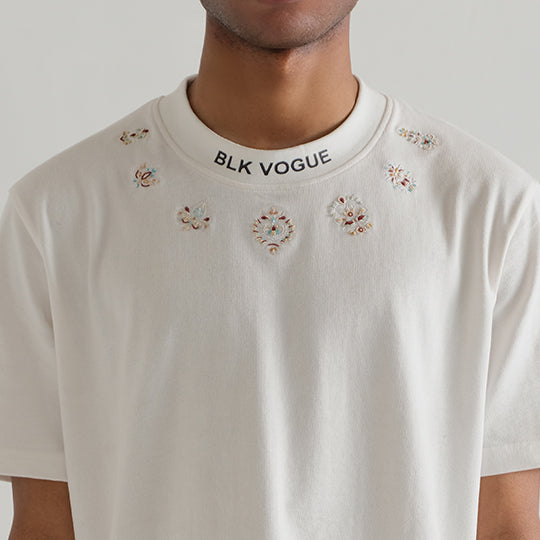 Add A Touch Of Elegance To Your Style With Our White Embroidered Crew Neck  Tee | Blk Vogue